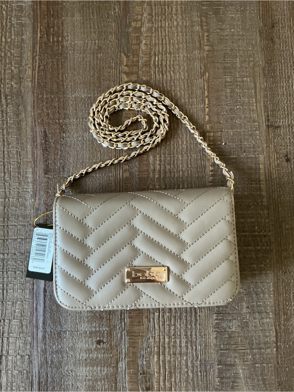 Bebe Sophia Herringbone Quilted Gold Chain Crossbody in Taupe